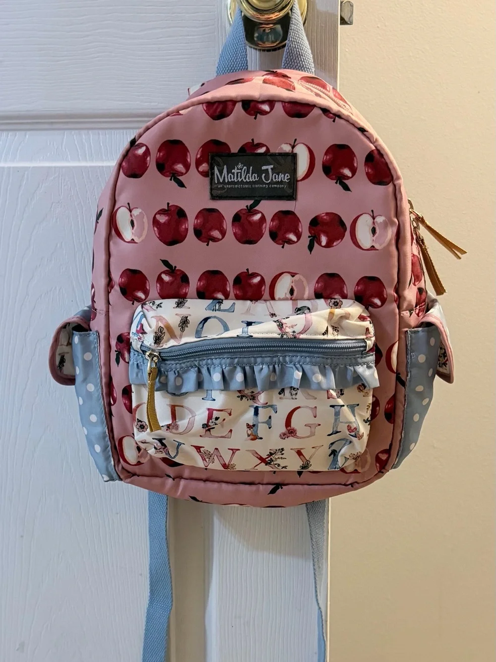 Matilda Jane Pink Apple Print Kids Backpack with Blue Accents